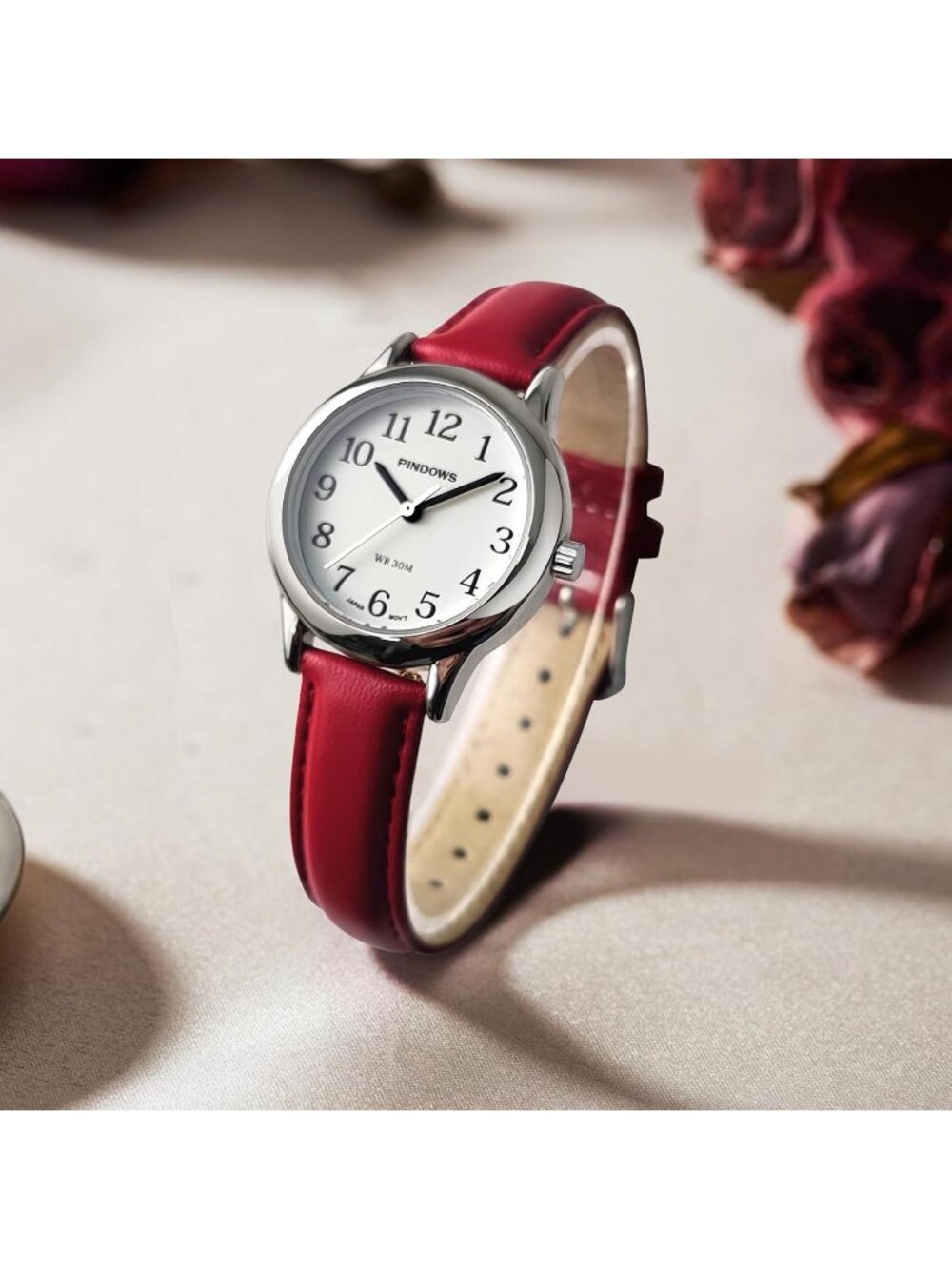 Women's Silver-Red Leather Band Small Analog Arabic Numerals Quartz Wrist Watch - Picture 6 of 7